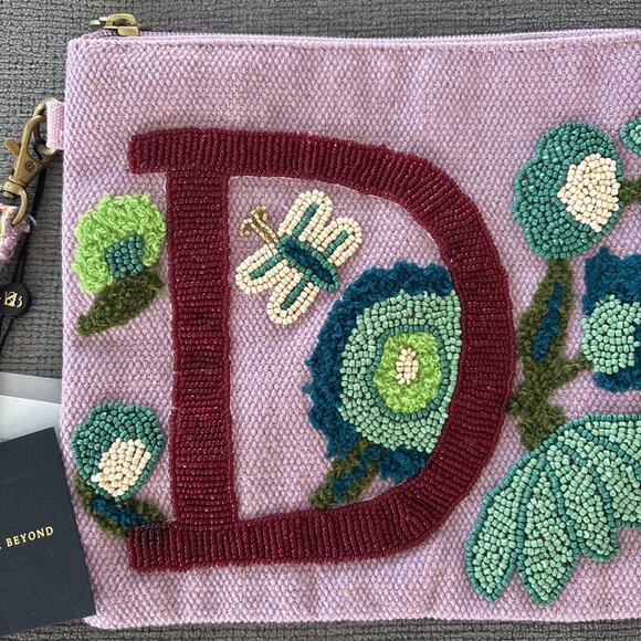 America and Beyond Clutch Embellished Zip Bag Beaded "D” Initial New Purple Gold - Picture 2 of 8